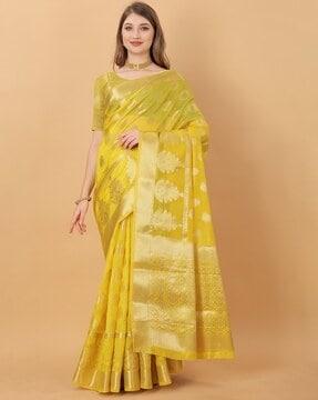 floral woven banarasi saree with contrast border