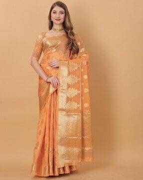 floral woven banarasi saree with contrast border