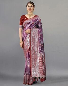 floral woven banarasi saree with contrast border