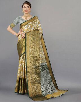 floral woven banarasi saree with contrast border