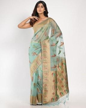 floral woven banarasi saree with contrast border