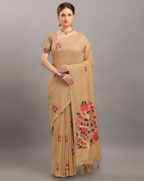 floral woven design traditional saree with tassels