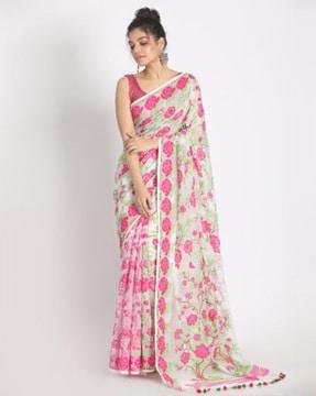 floral woven jamdani handloom saree with tassels