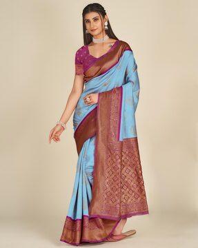 floral woven kanjeevaram saree with contrast border