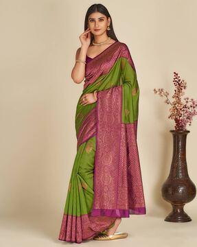 floral woven kanjeevaram saree with contrast border