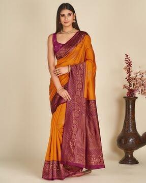 floral woven kanjeevaram saree with contrast border