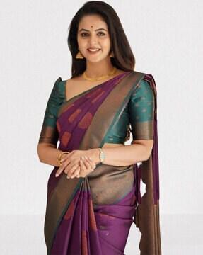 floral woven kanjeevaram saree with contrast border