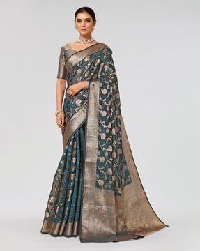 floral woven kanjeevaram saree with contrast border