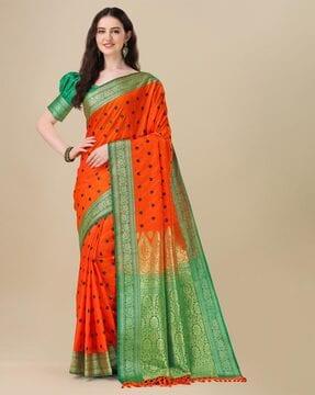 floral woven kanjeevaram saree with tassels