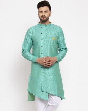 floral woven long kurta with band collar