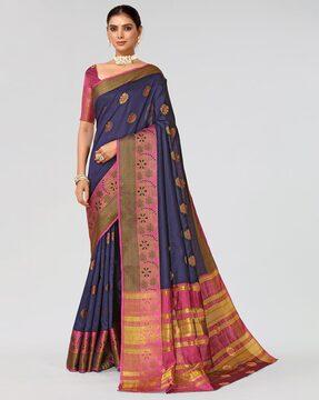 floral woven motif saree with contrast border