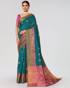 floral woven motif saree with contrast border