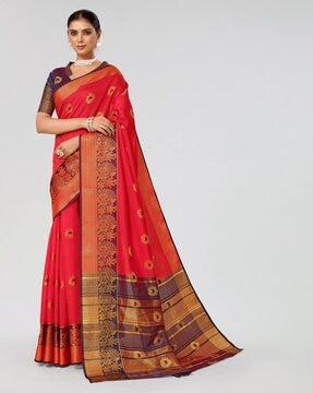 floral woven motif saree with contrast border