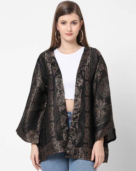 floral woven open-front jacket