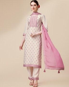 floral woven round-neck straight kurta set