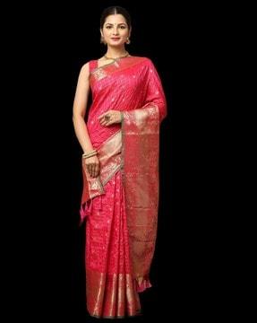 floral woven saree with contrast border & tassels
