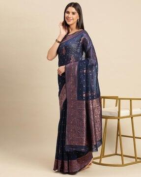 floral woven saree with contrast border