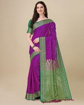 floral woven saree with contrast border