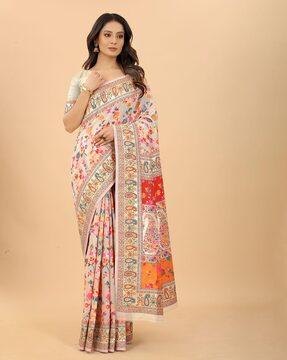 floral woven saree with contrast border