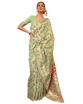 floral woven saree with contrast border