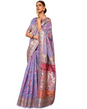 floral woven saree with contrast border