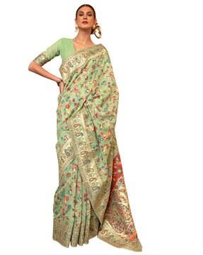 floral woven saree with contrast border