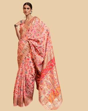 floral woven saree with contrast border