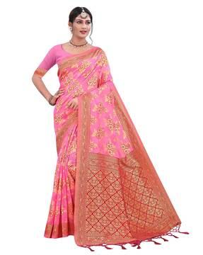 floral woven saree with contrast border