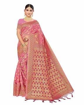 floral woven saree with contrast border