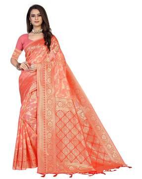 floral woven saree with contrast border