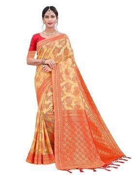 floral woven saree with contrast border