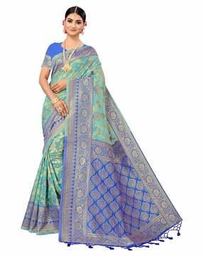 floral woven saree with contrast border