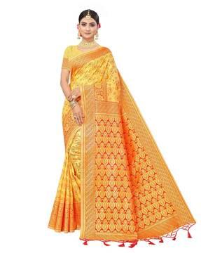 floral woven saree with contrast border