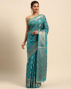 floral woven saree with contrast border