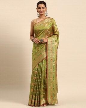 floral woven saree with contrast border