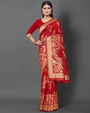 floral woven saree with contrast border