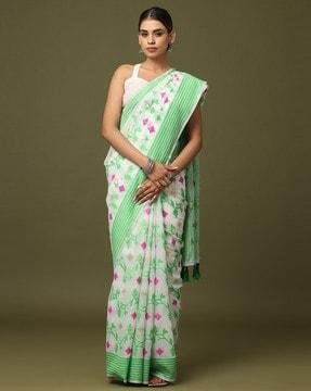 floral woven saree with contrast border