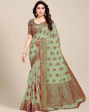 floral woven saree with contrast border