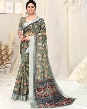 floral woven saree with contrast border