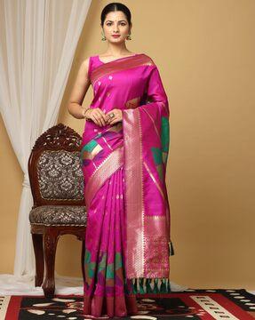 floral woven saree with contrast border