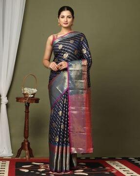 floral woven saree with contrast border