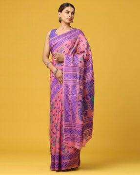 floral woven saree with contrast border