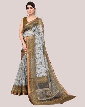 floral woven saree with contrast border