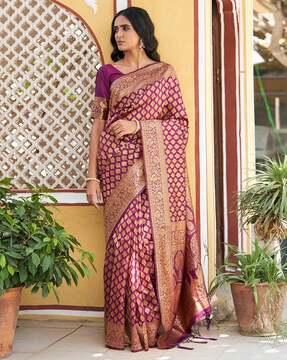 floral woven saree with contrast border