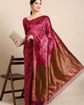 floral woven saree with contrast border