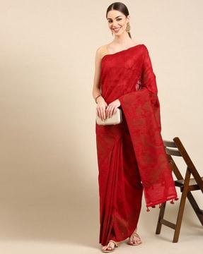 floral woven saree with contrast border