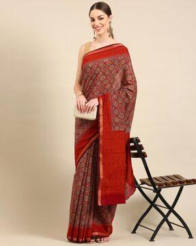 floral woven saree with contrast border