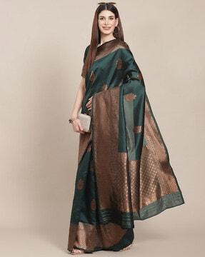floral woven saree with contrast border