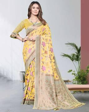 floral woven saree with contrast border