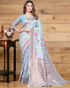 floral woven saree with contrast border